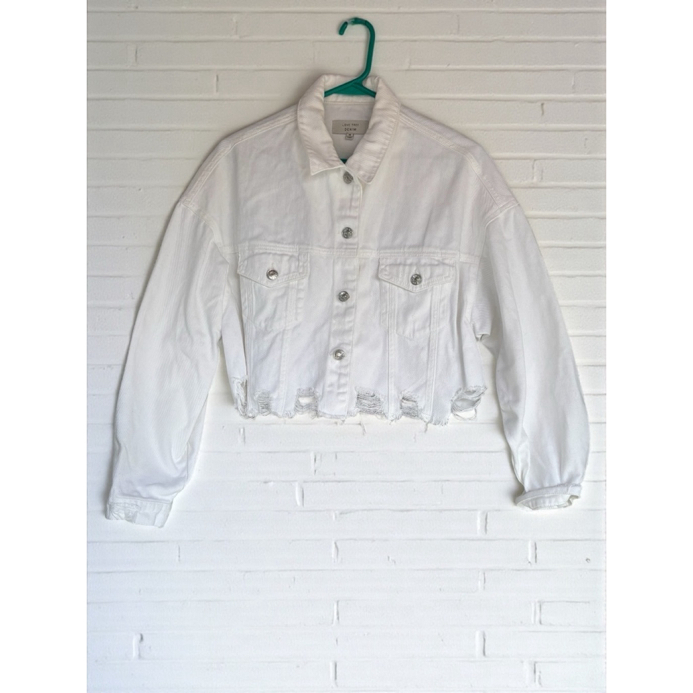 Love Tree Juniors Medium White Distressed Cropped Denim Jacket Y2K Retro Grunge